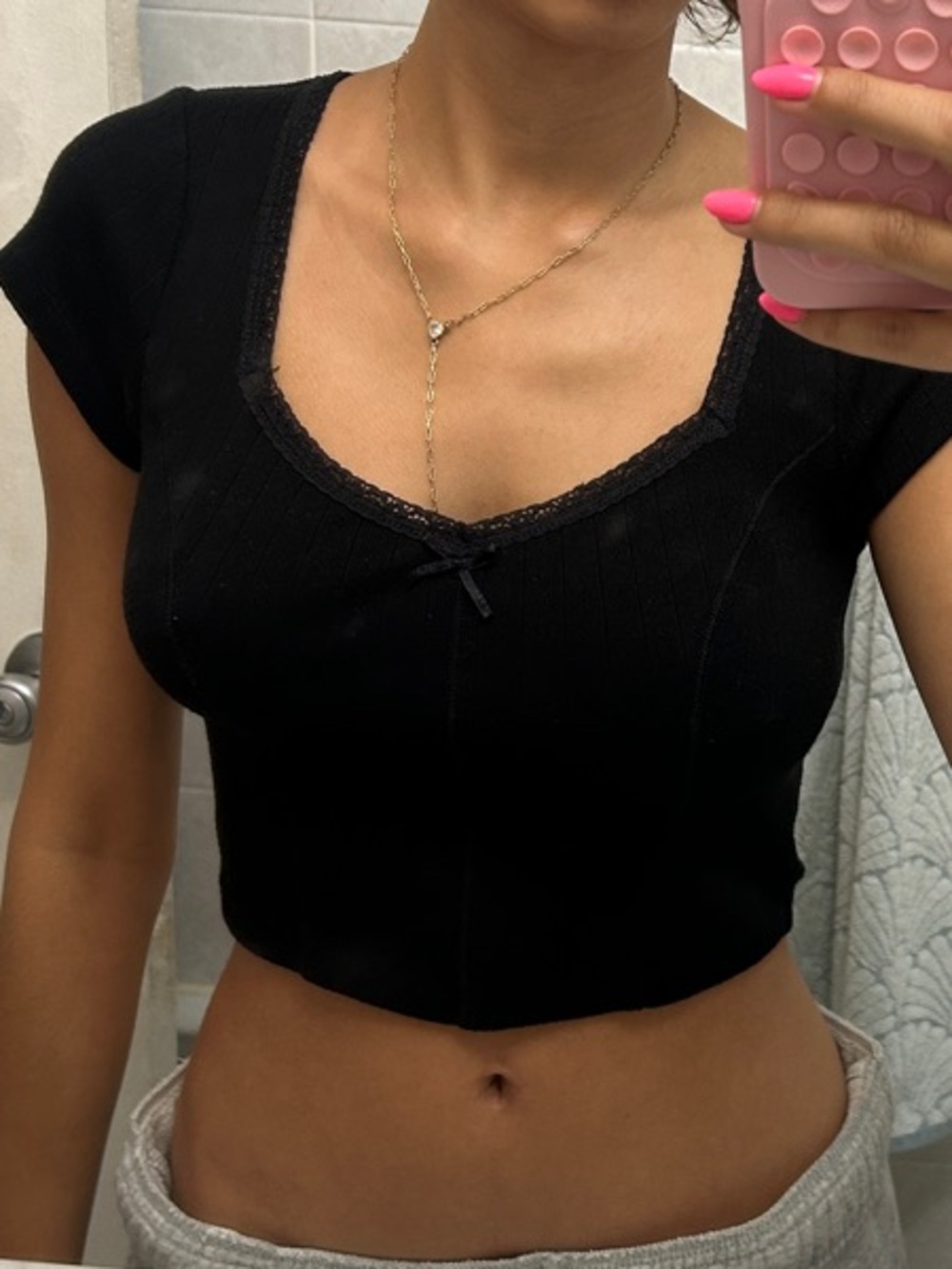 SO Black Short Sleeve Lace-Trim Cropped Top